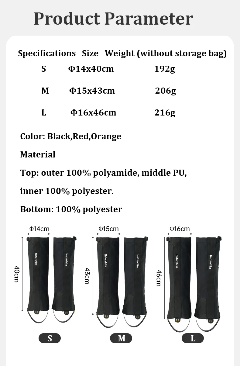 Naturehike 1 Pair Trekking Waterproof Leg Covers Hiking Snow Legging Gaiters Outdoor Climbing Camping Skiing Foot Cover
