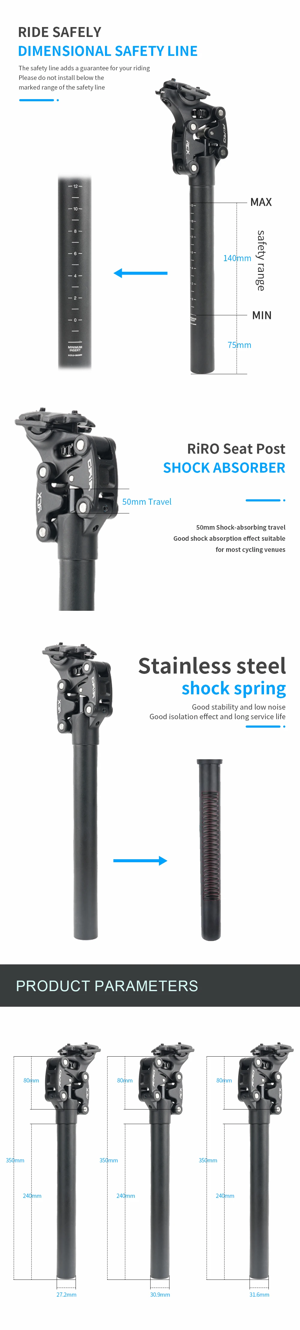 RIRO RCX Bicycle Suspension Seatpost Shock Absorber Seat Post 350mm*27.2mm/28.6/30.0/30.4/30.9/31.6/33.9mm MTB/E-Bike Seat Tube