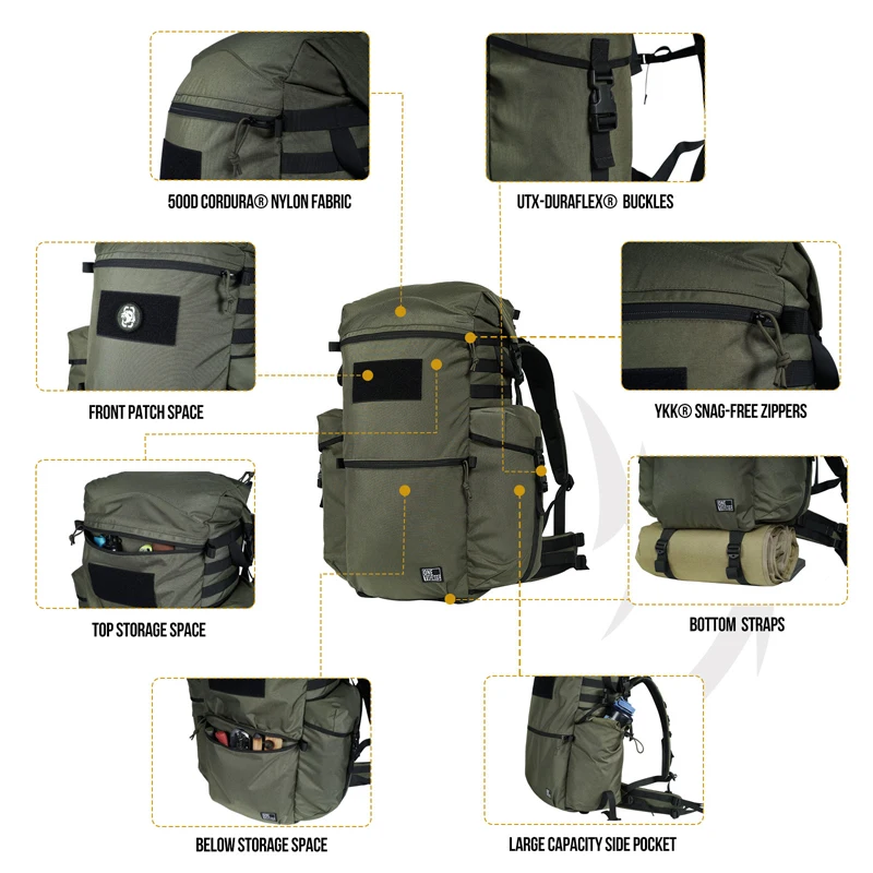 OneTigris WILD ROCKET Bushcraft Pack 45L Rucksack Outdoor Travel Roll Top Backpack With Water Resistant Coating & Axe Holders