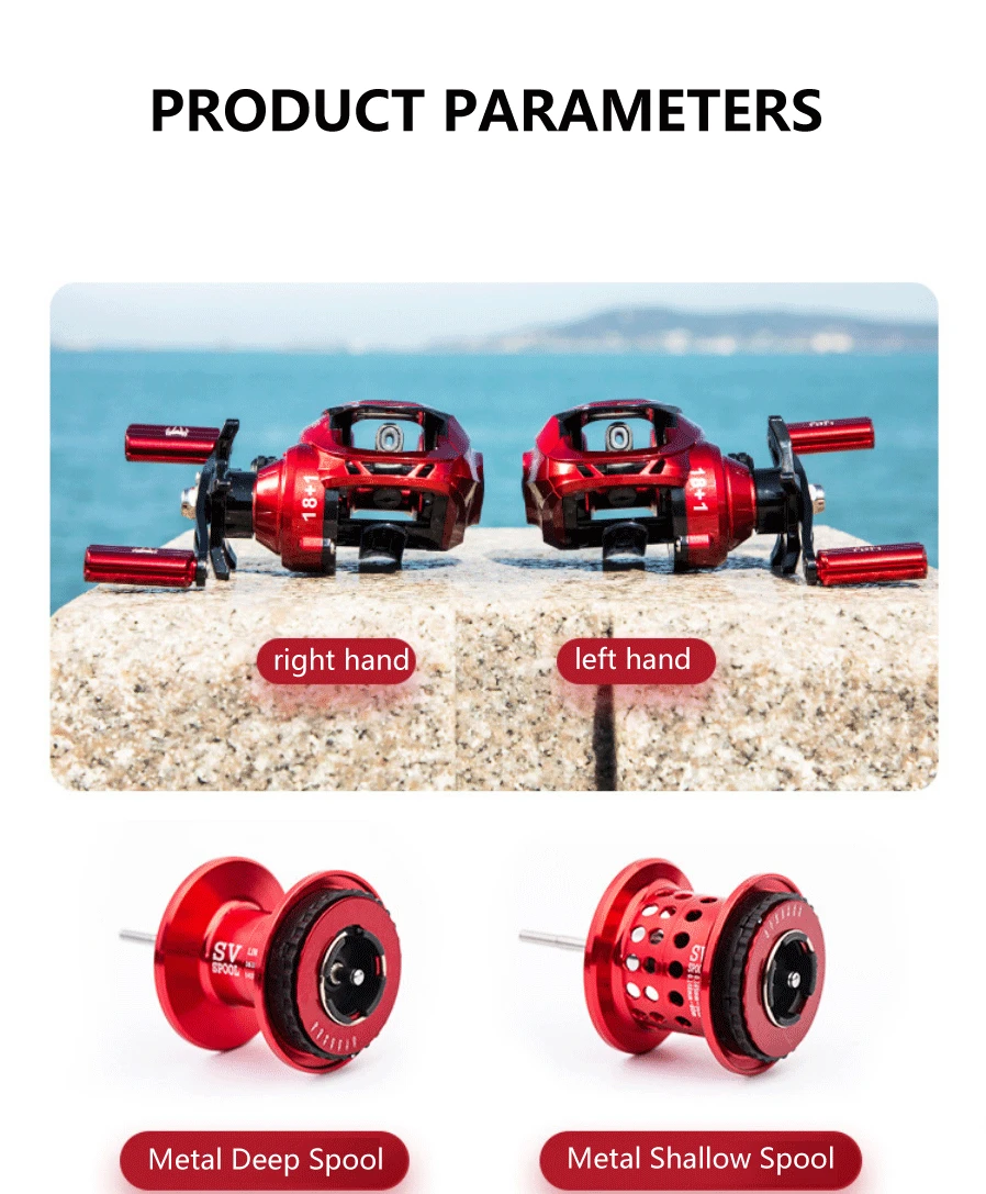 High Quality 18+1BB Black/Red Baitcasting Fishing Reel Aluminum Alloy Spool Saltwater Bass 7.2:1 High Speed Fishing Wheel