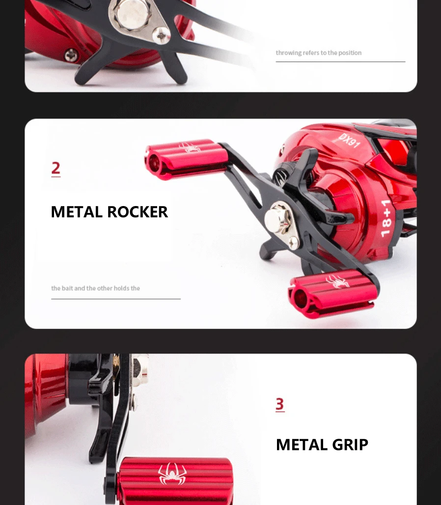High Quality 18+1BB Black/Red Baitcasting Fishing Reel Aluminum Alloy Spool Saltwater Bass 7.2:1 High Speed Fishing Wheel
