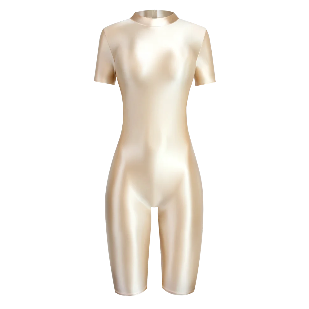 Satin Glossy Shiny One Piece Swimming Running Overalls Bodysuit Playsuit Short Zipper Racing Cycling Yoga Fitness Jumpsuit