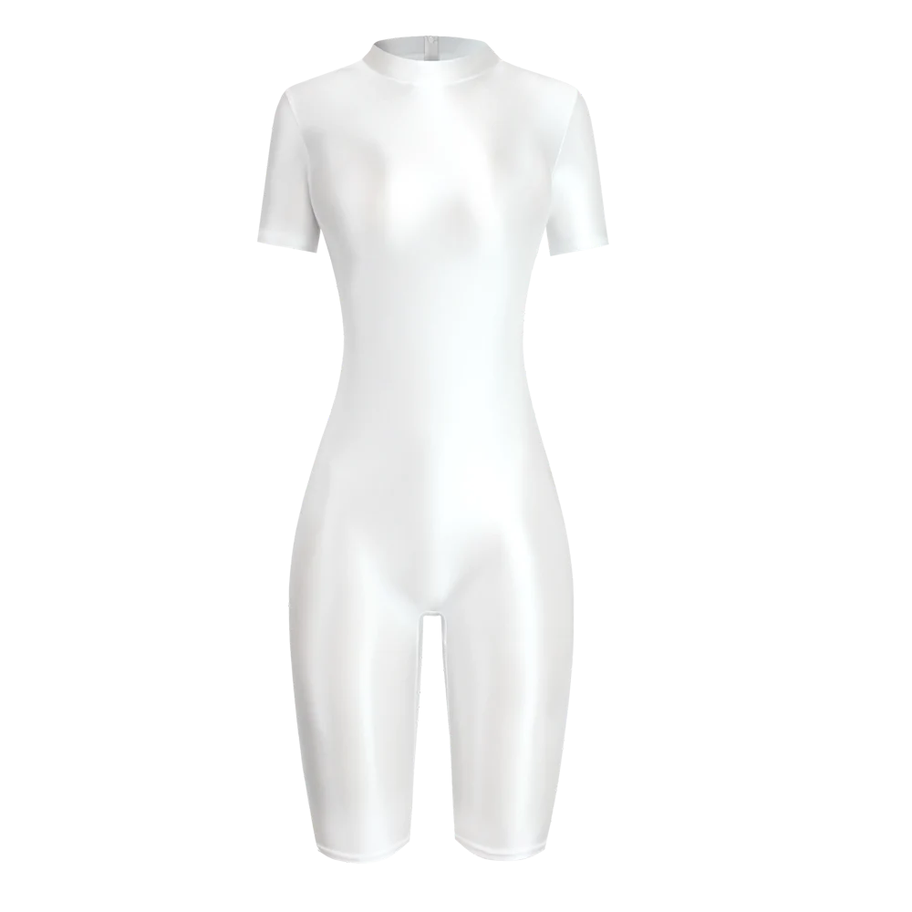 Satin Glossy Shiny One Piece Swimming Running Overalls Bodysuit Playsuit Short Zipper Racing Cycling Yoga Fitness Jumpsuit