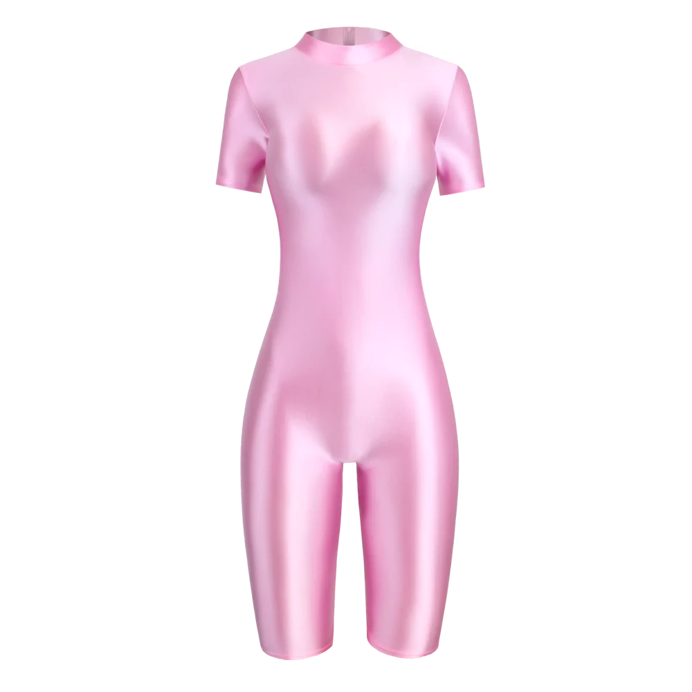 Satin Glossy Shiny One Piece Swimming Running Overalls Bodysuit Playsuit Short Zipper Racing Cycling Yoga Fitness Jumpsuit