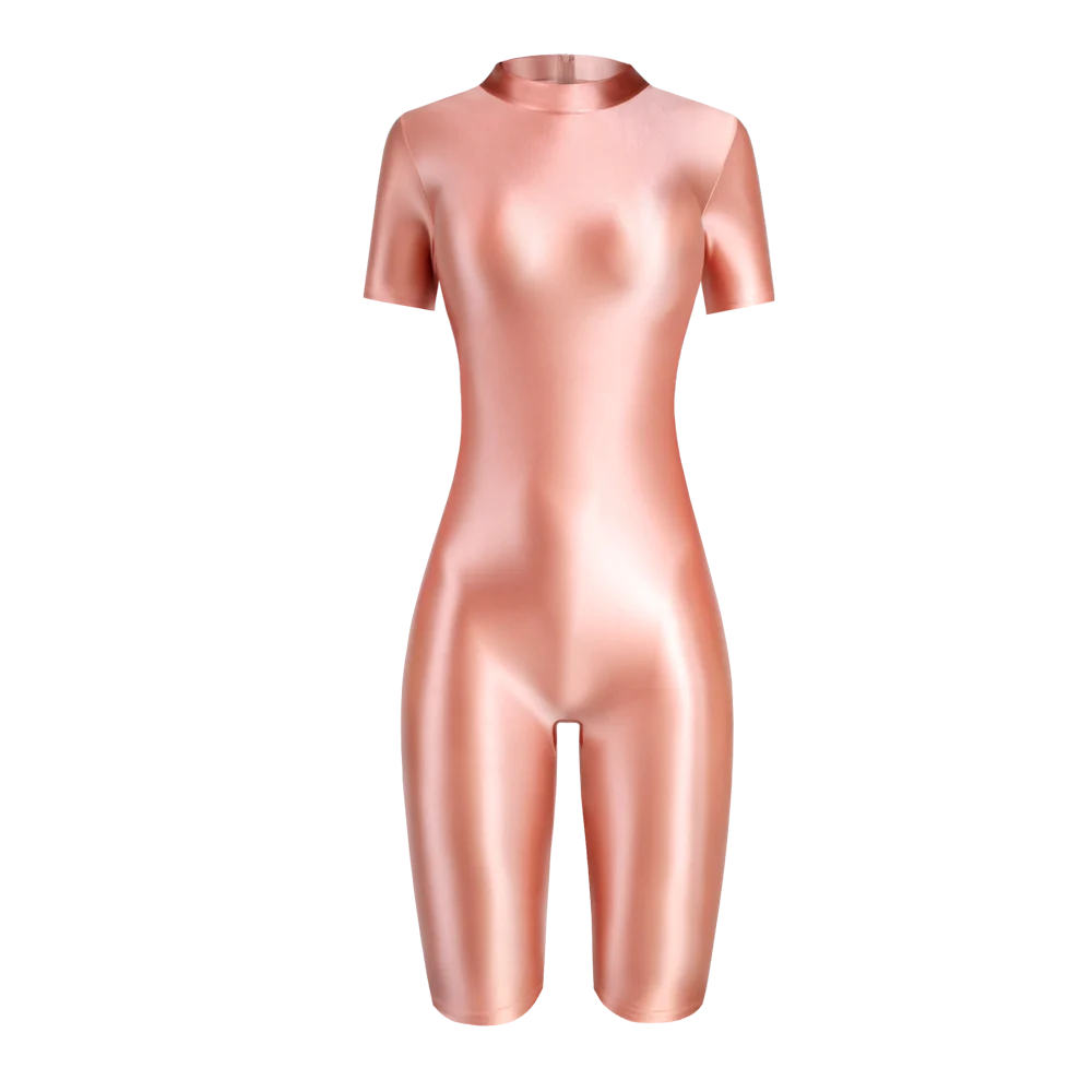 Satin Glossy Shiny One Piece Swimming Running Overalls Bodysuit Playsuit Short Zipper Racing Cycling Yoga Fitness Jumpsuit