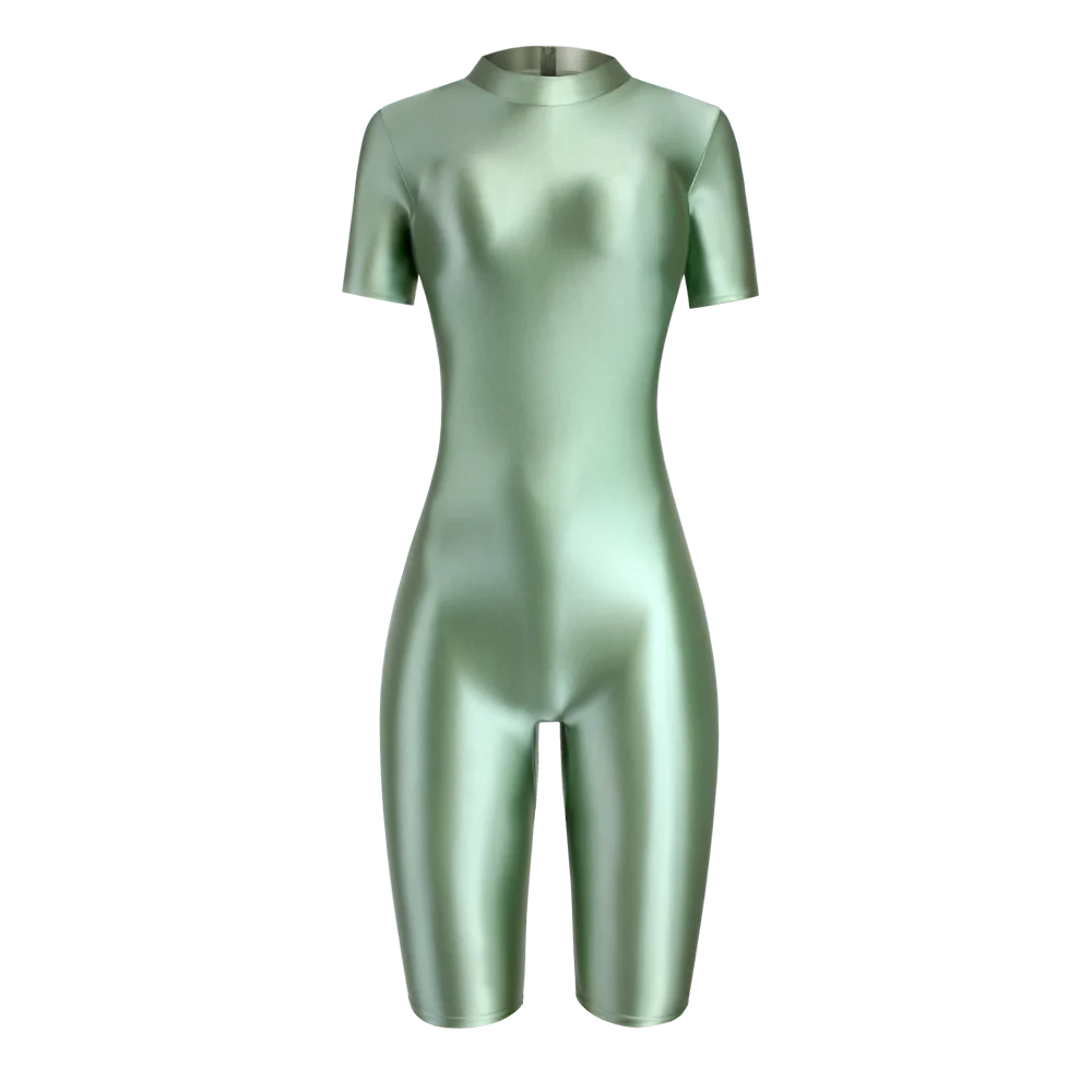 Satin Glossy Shiny One Piece Swimming Running Overalls Bodysuit Playsuit Short Zipper Racing Cycling Yoga Fitness Jumpsuit
