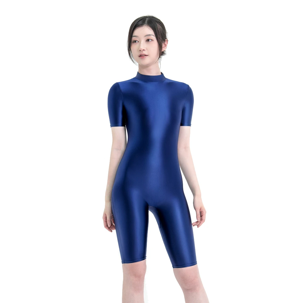 Satin Glossy Shiny One Piece Swimming Running Overalls Bodysuit Playsuit Short Zipper Racing Cycling Yoga Fitness Jumpsuit