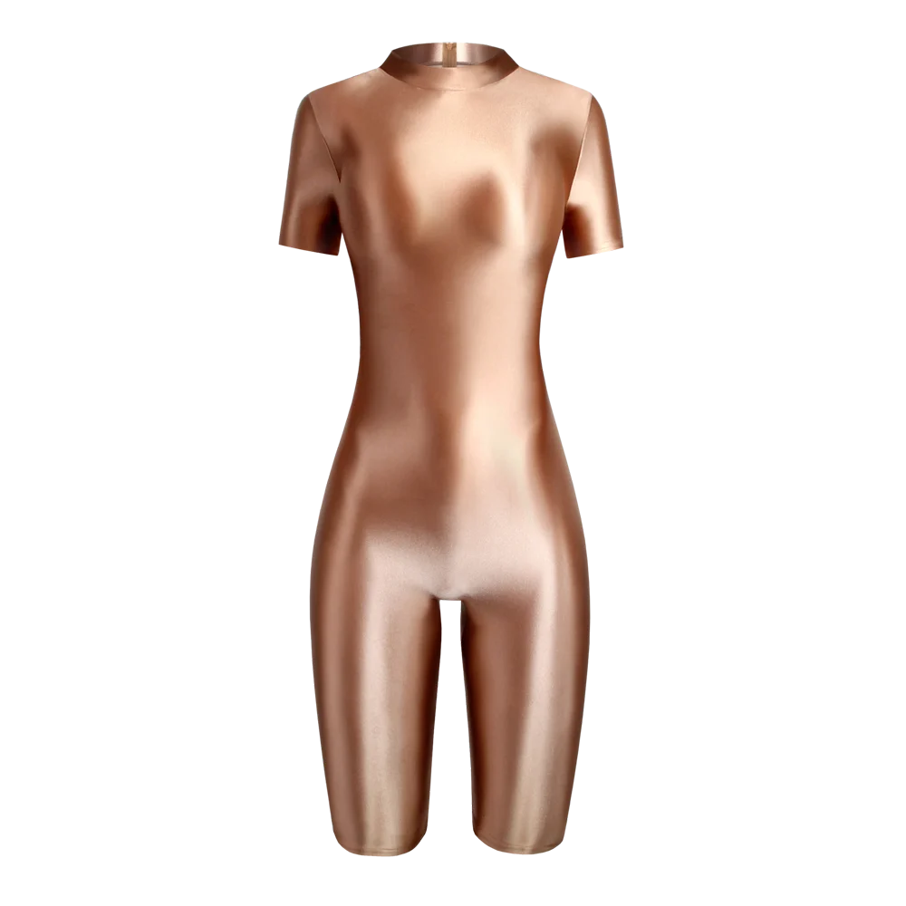 Satin Glossy Shiny One Piece Swimming Running Overalls Bodysuit Playsuit Short Zipper Racing Cycling Yoga Fitness Jumpsuit
