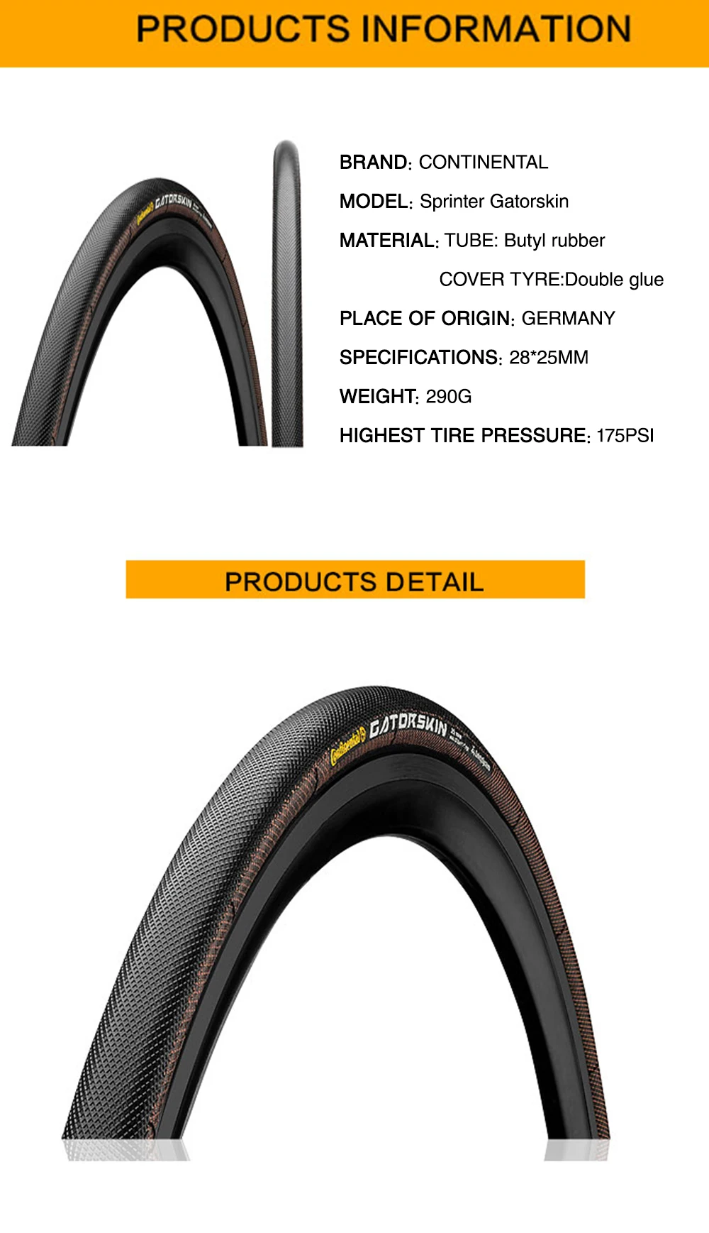 Continental Sprinter Gatorskin/ Competition Tubular Road Bike Tire Black 28"x25mm 180 TPI Stab-proof Cut-proof Tube Tire