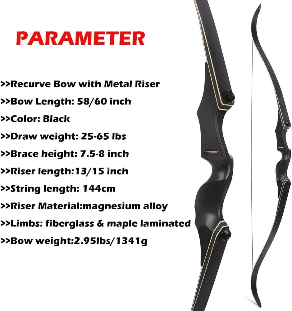 60 Inch Archery Takedown Recurve Bow F171A for Adults/Youth 30-60Lbs American Hunting Bow Magnesium Alloy Metal Right Handed