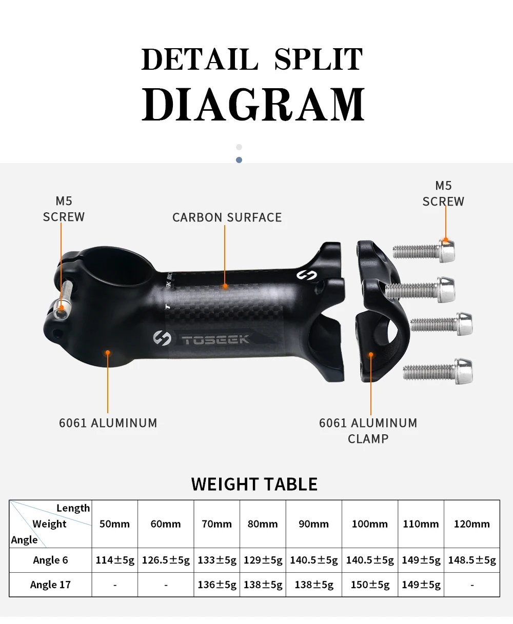 TOSEEK Bicycle Handlebar Stem 28.6-31.8mm Aluminum + Carbon Stem Angle6 17 Mtb Handlebar Stem MTB Stem Spare Parts For Bicycle