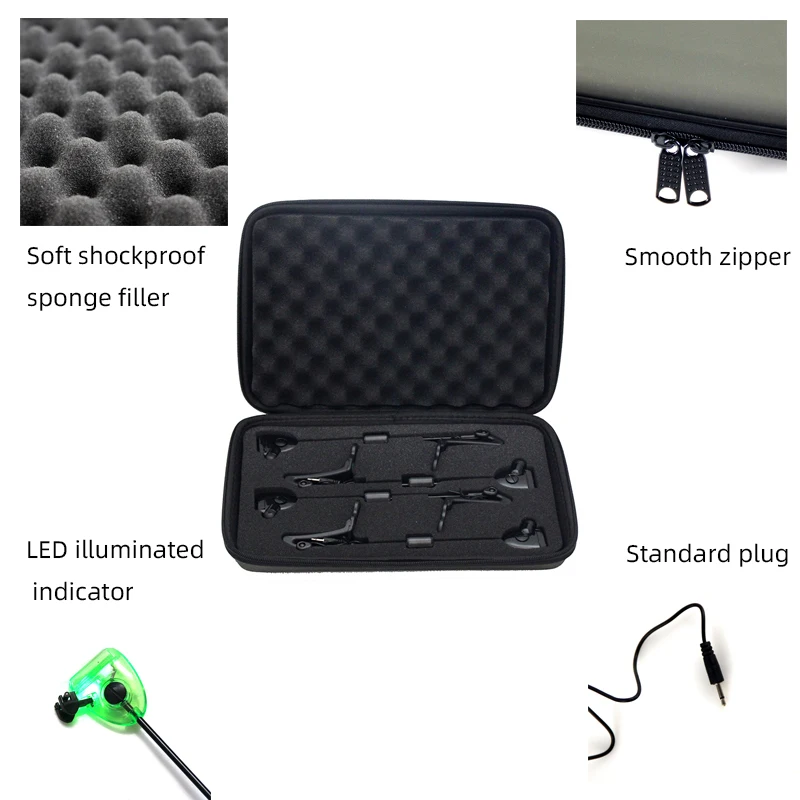 Fishing Swingers Set LED Illuminated Fishing Bite Indicator Fishing Tackle in Zipped Case Outdoor Swing Signal Receiver