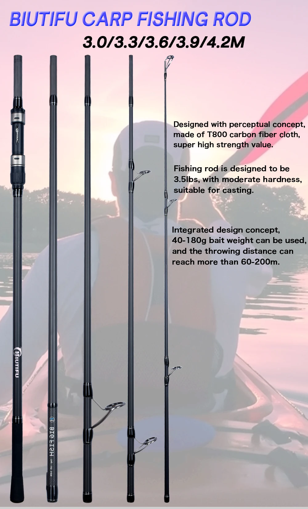 BIUTIFU BIGFISH Carp Surfcasting Fishing Rod 3.0/3.6/3.9/4.2/4.5m T800Carbon 3.5lb Shore Casting 40-200g Spinning Hard Rock Pole
