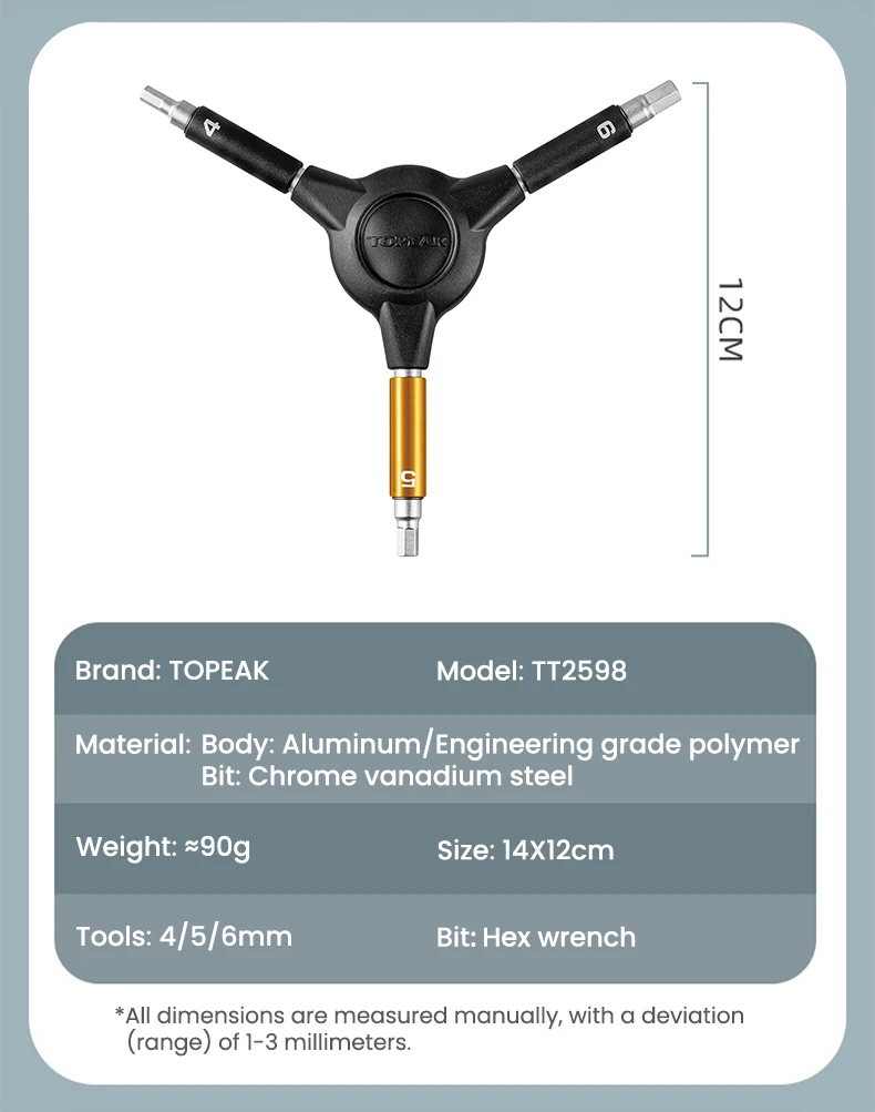 Topeak TT2598 3-way Speed Hex Wrench Bicycle Allen Key Spanner MTB Road Bike 4/5/6mm Allen Bits Cycling Maintenance Repair Tool