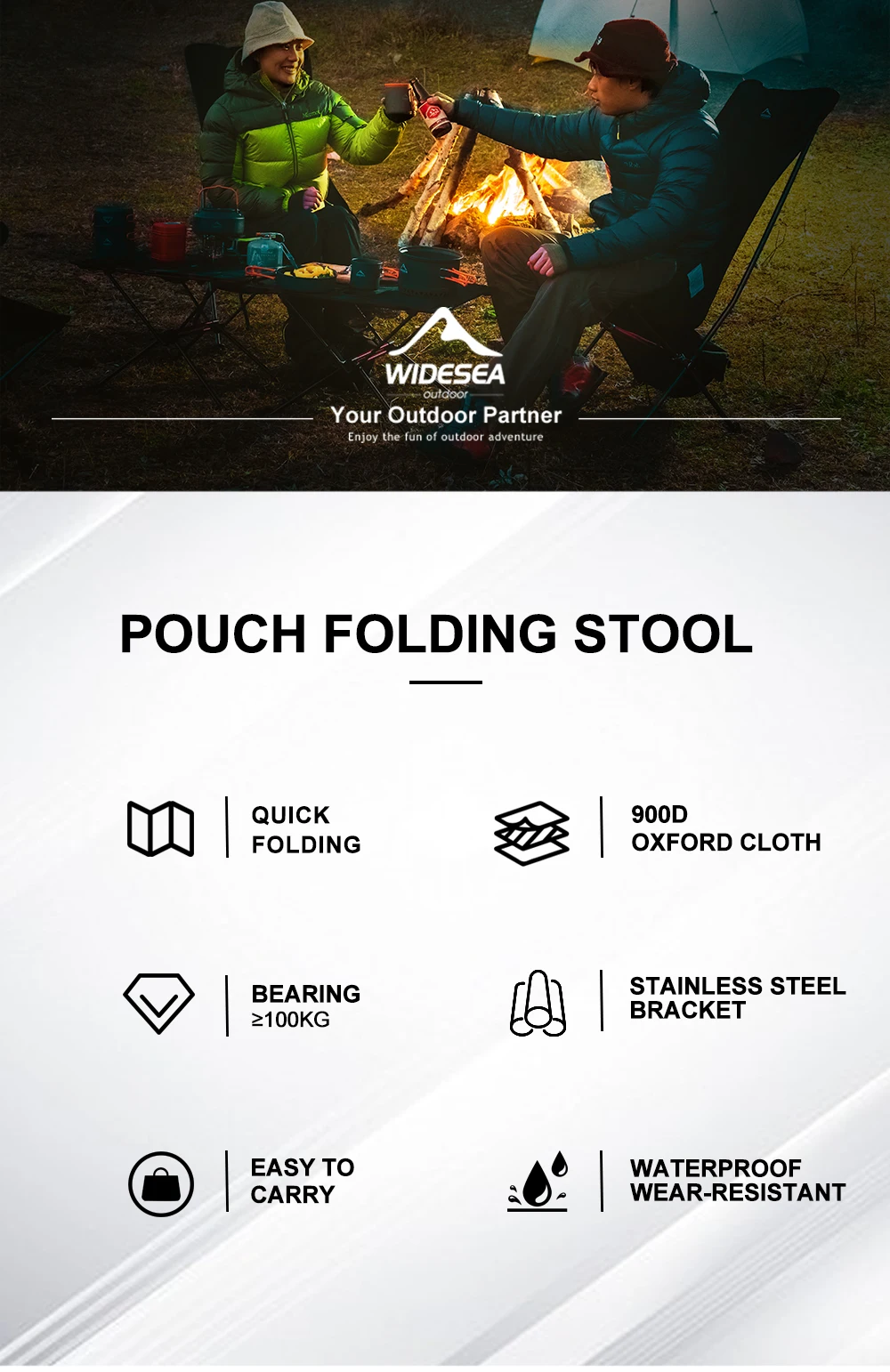 Widesea Camping Stool Foldable Chair Outdoor Fishing Lightweight Zipper Storage Portable Stainless Steel Hiking Travel Furniture