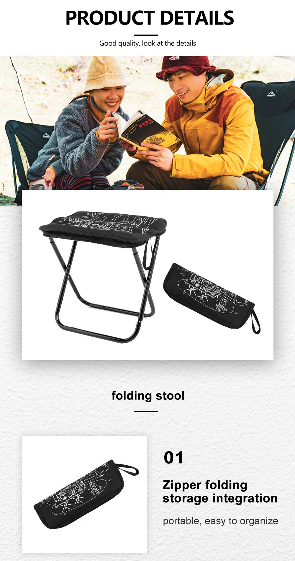 Widesea Camping Stool Foldable Chair Outdoor Fishing Lightweight Zipper Storage Portable Stainless Steel Hiking Travel Furniture