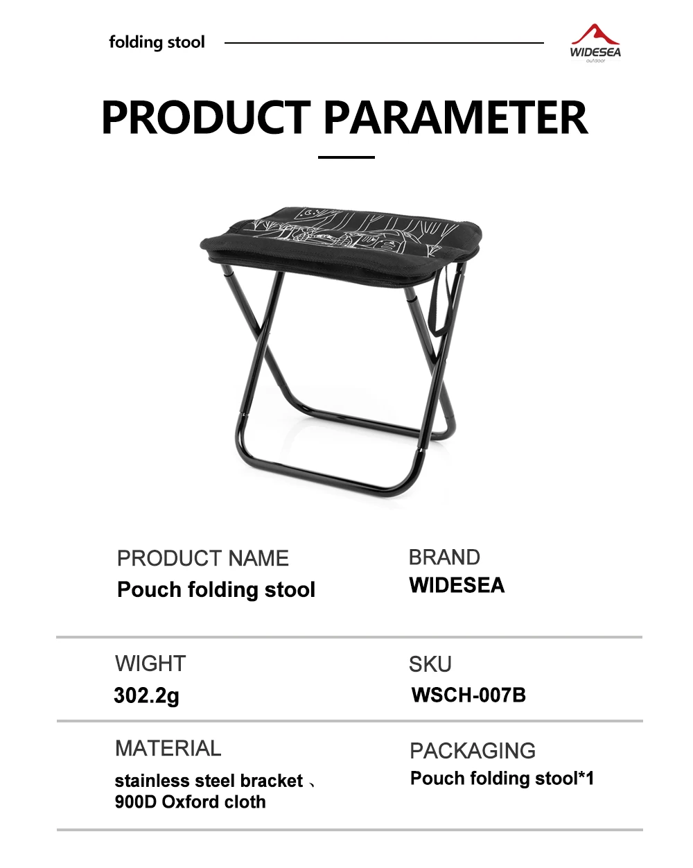 Widesea Camping Stool Foldable Chair Outdoor Fishing Lightweight Zipper Storage Portable Stainless Steel Hiking Travel Furniture