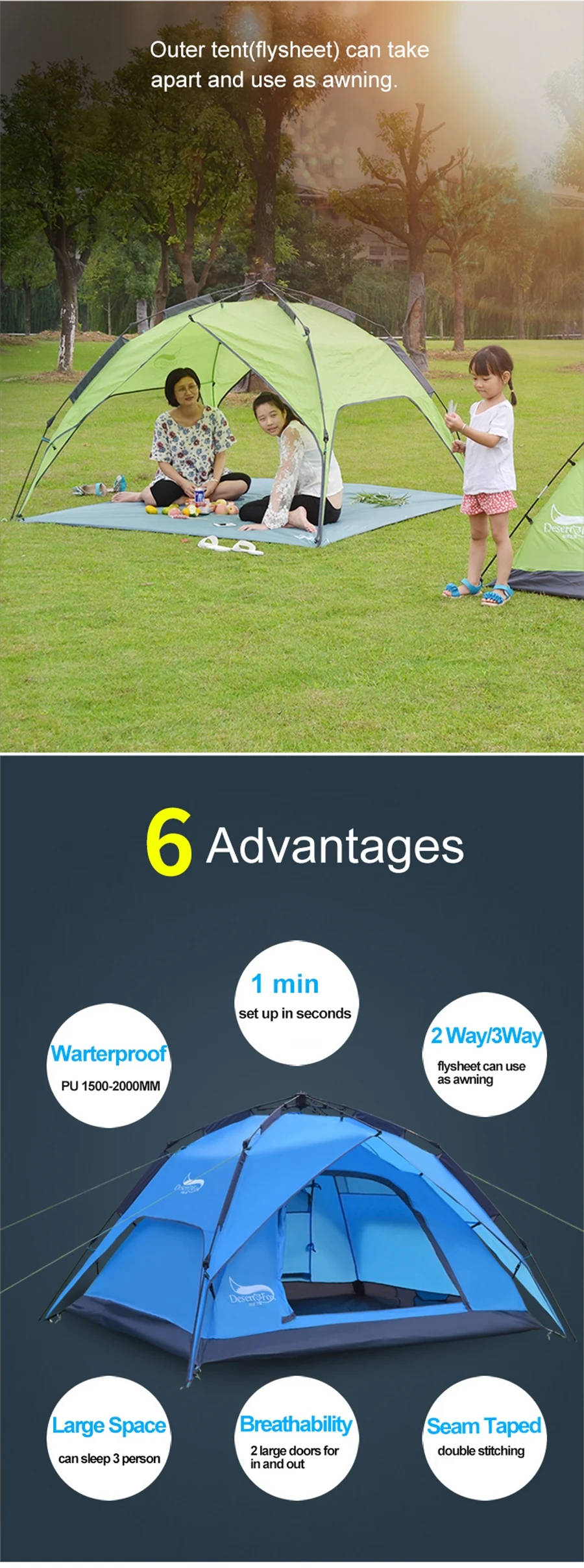Desert Fox Family Camping Tent 3 Person Outdoor Automatic Tents Instant Set-up Pop-up 2/3 Ways Use Tent for Beach Hiking Travel