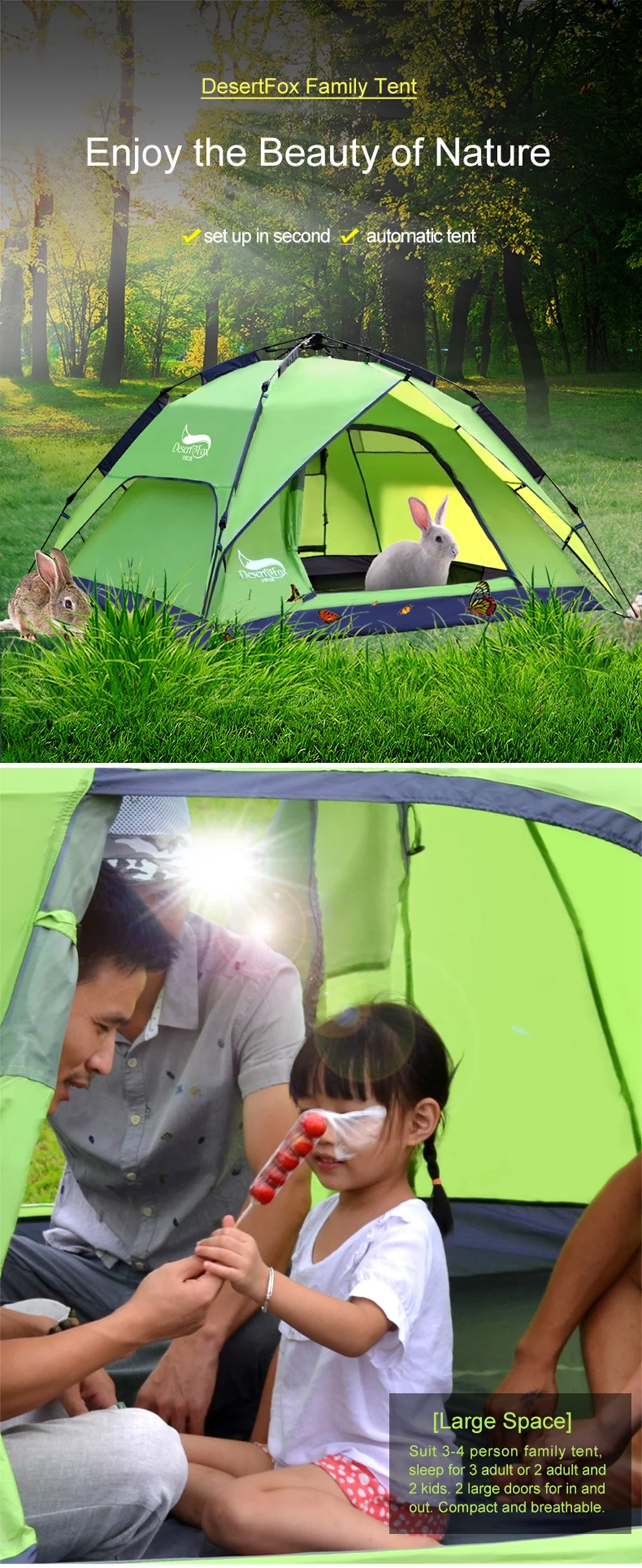 Desert Fox Family Camping Tent 3 Person Outdoor Automatic Tents Instant Set-up Pop-up 2/3 Ways Use Tent for Beach Hiking Travel