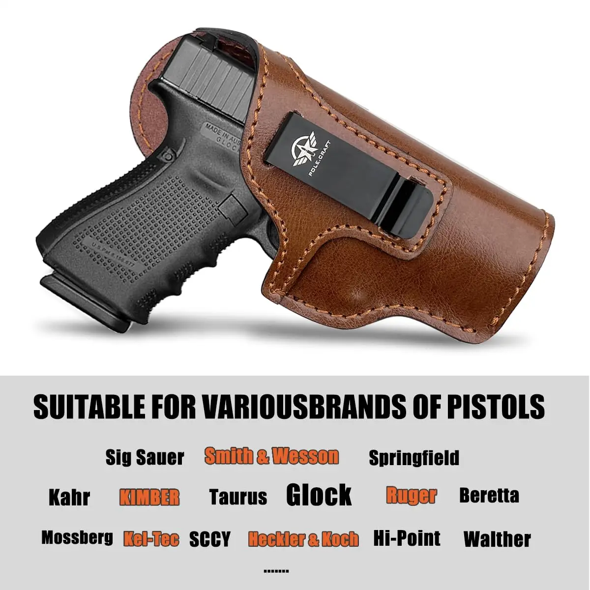 Gun Holsters IWB 9mm Leather Pistol Holsters Fit: Glock 19 17 26 Taurus G2C G3C G3 - Sig Sauer S&W M&P Shield 9mm Right