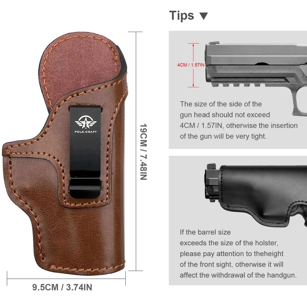 Gun Holsters IWB 9mm Leather Pistol Holsters Fit: Glock 19 17 26 Taurus G2C G3C G3 - Sig Sauer S&W M&P Shield 9mm Right
