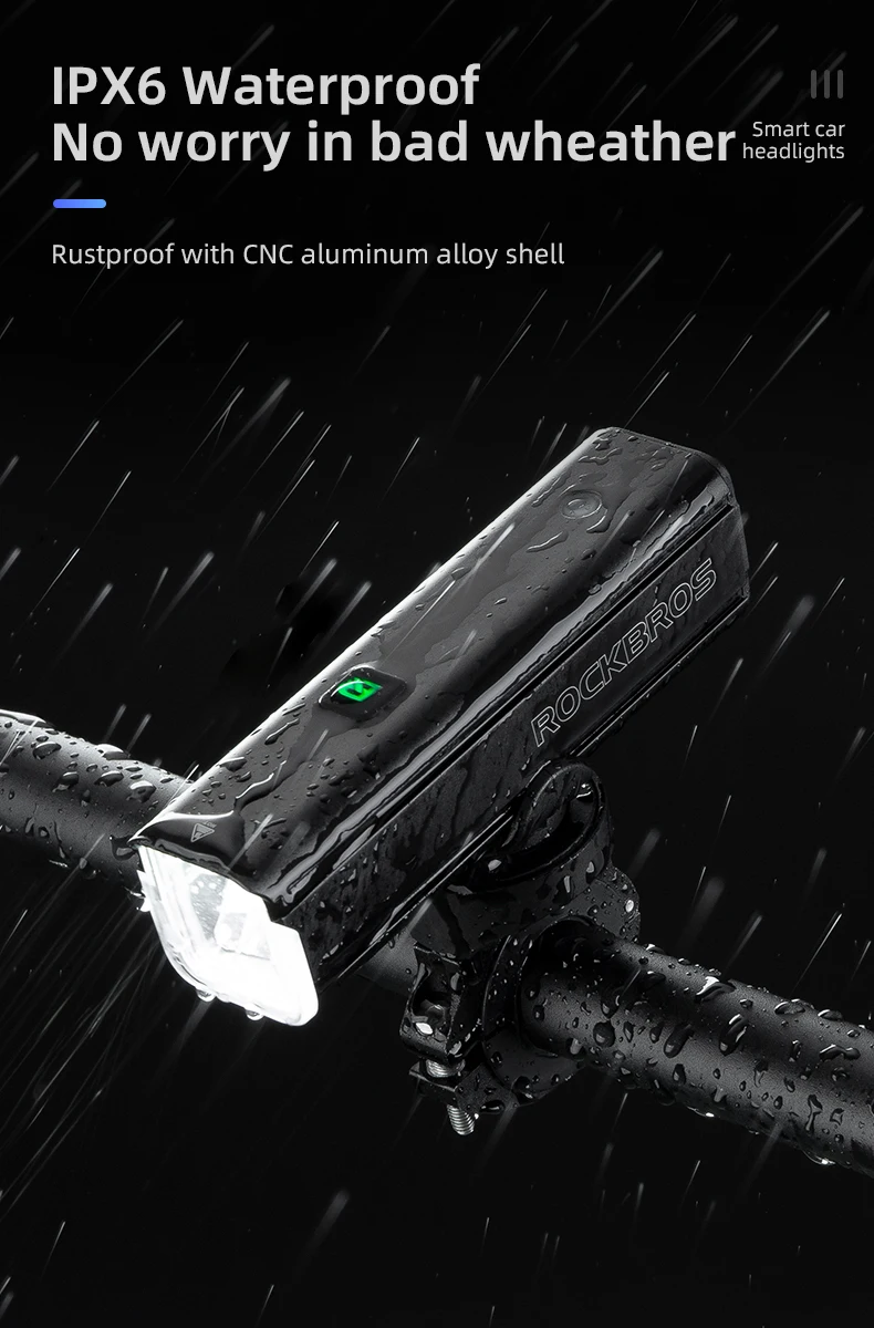 ROCKBROS Bike Light 1500LM 5000mAh Bicycle Lights IPX6 Aluminum Type-C Rechargeable Smart Brightness Sense Adjust Cycling Lamp