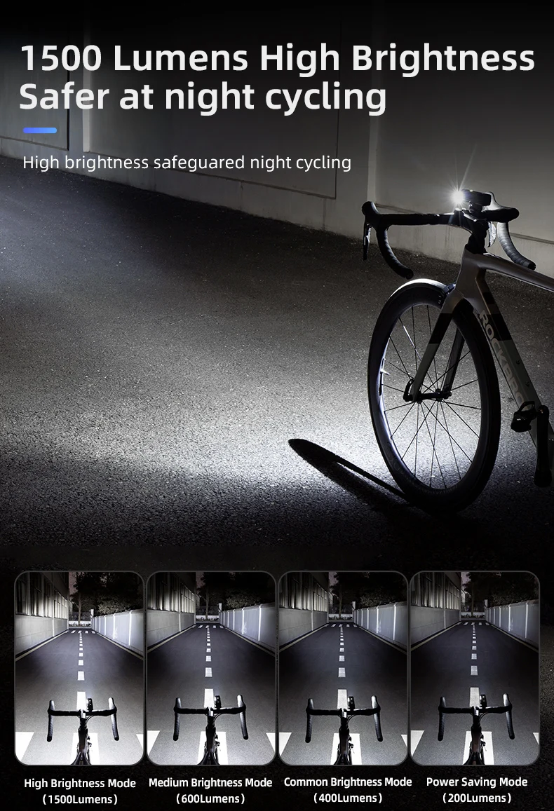 ROCKBROS Bike Light 1500LM 5000mAh Bicycle Lights IPX6 Aluminum Type-C Rechargeable Smart Brightness Sense Adjust Cycling Lamp