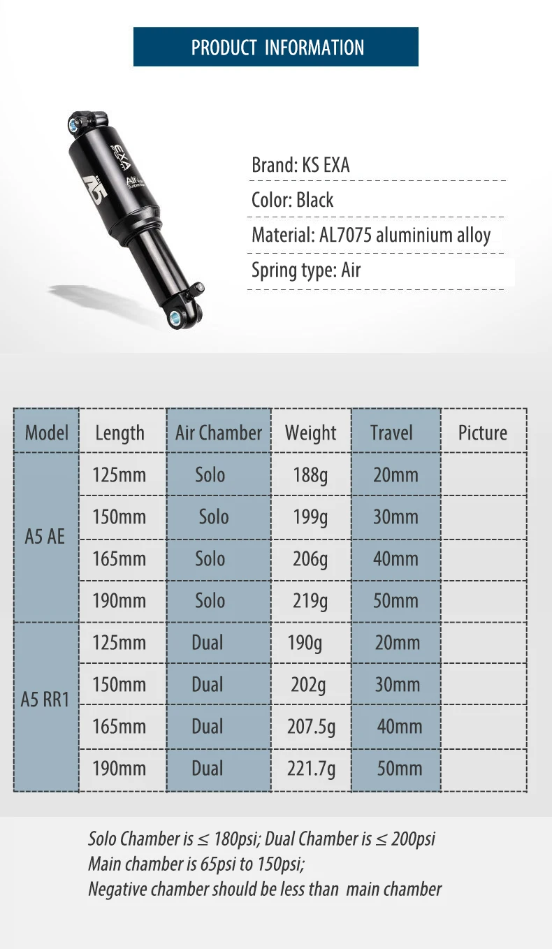 Kind Shock KS A5 RR1/RE Solo Dual Bike Air Rear Shock Absorber Suspension 125 150 165 190mm for MTB Bicycle EXA Form