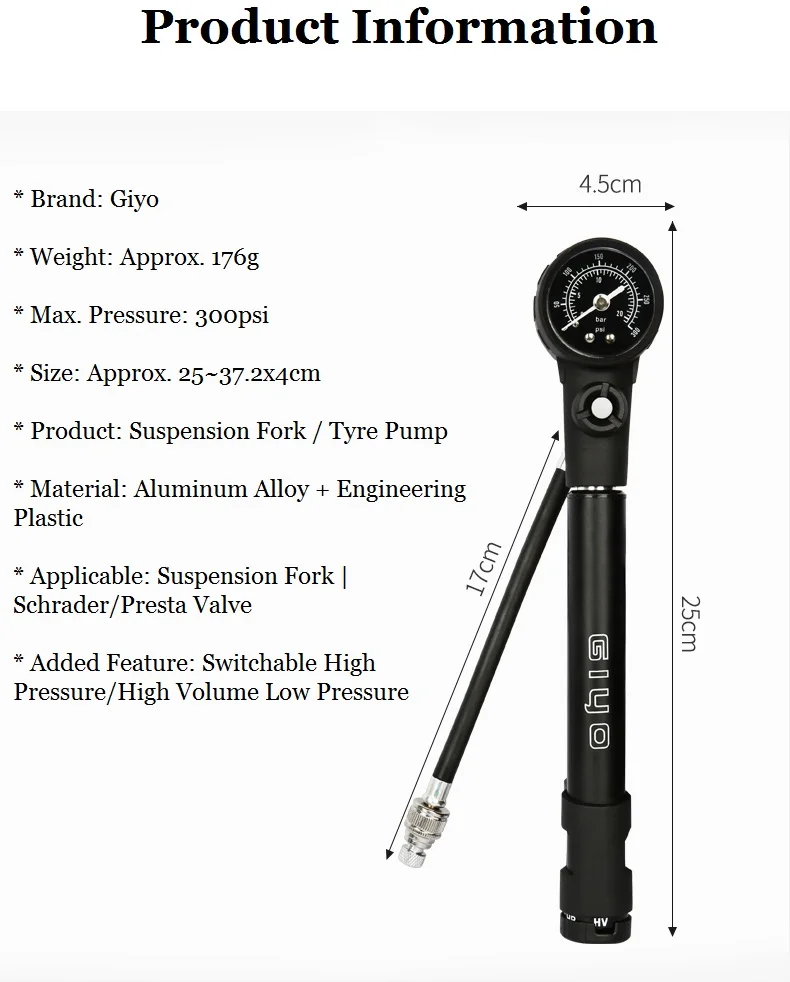Giyo 300psi MTB Suspension Air Pump Bicycle Shock Fork Pump Bike Motor Schrader Presta Tyre Inflator Mini Gauge Tire Pumping