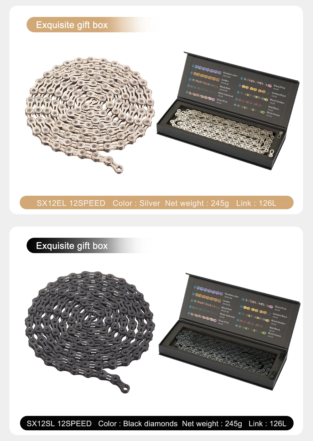 Bicycle Chain SUMC 12Speed Diamond Color Bike Chain MTB Mountain Road Bike UltraLight and Durable 12S Missing Link Chain 12V