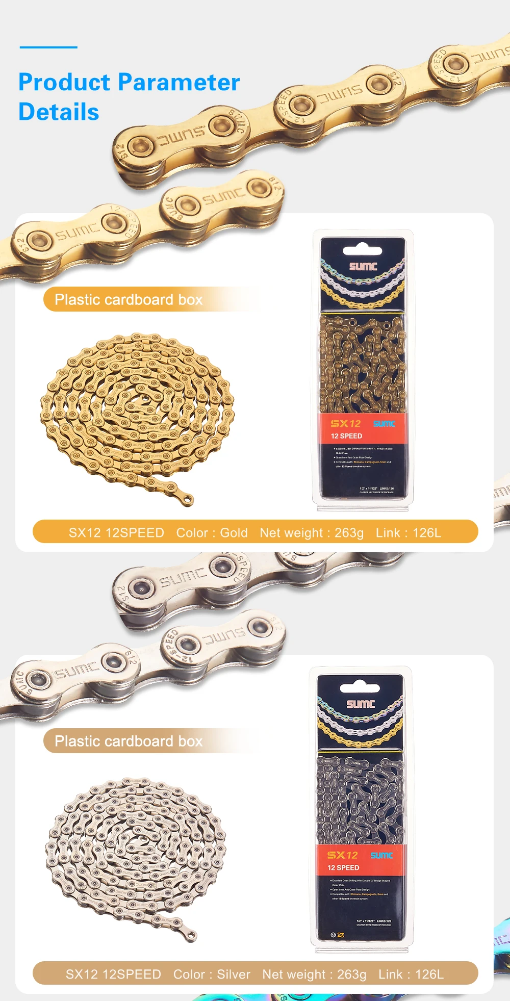 Bicycle Chain SUMC 12Speed Diamond Color Bike Chain MTB Mountain Road Bike UltraLight and Durable 12S Missing Link Chain 12V