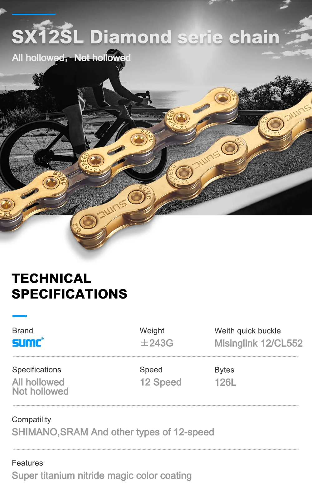 Bicycle Chain SUMC 12Speed Diamond Color Bike Chain MTB Mountain Road Bike UltraLight and Durable 12S Missing Link Chain 12V