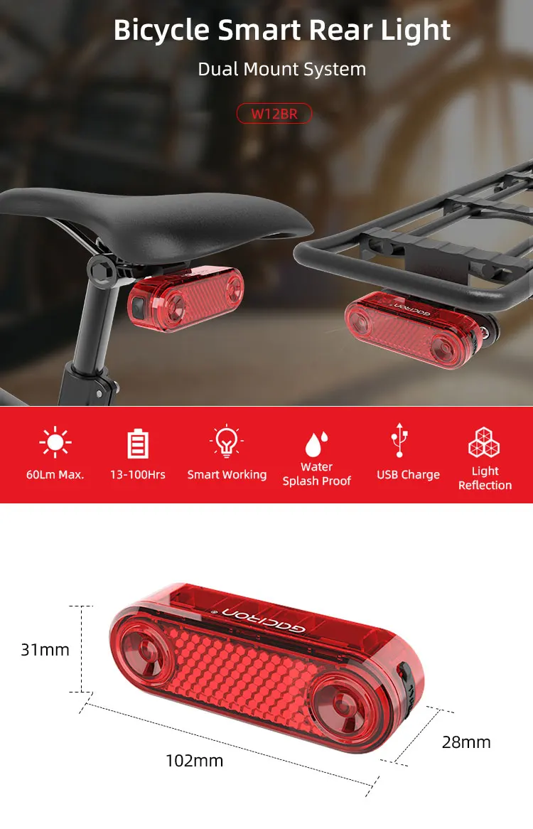 GACIRON 200LM Bicycle Rear Cargo Rack Light Bike Smart Intelligent Brake Tail Light LED Warning Taillight 1200mAh Rechargeable