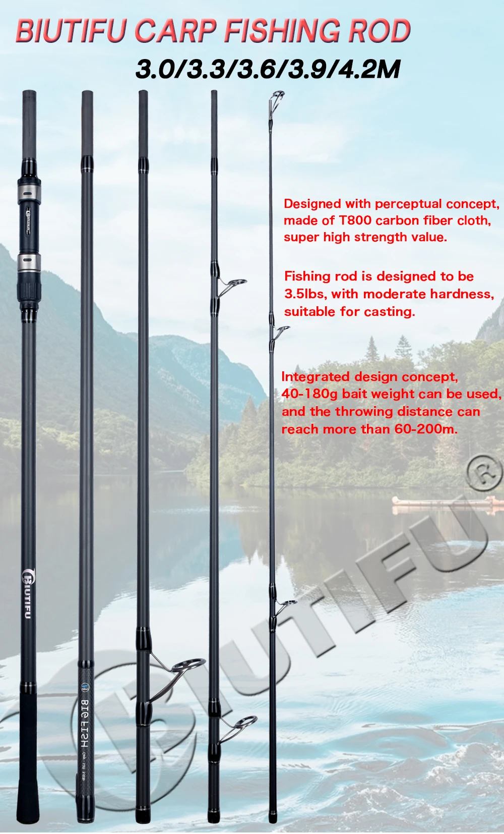 BIUTIFU BIGFISH Carp Fishing Rod 4.5/4.2/3.9/3.6/3.0m T800 Carbon 3.5lbs Throwing 40-200g Travel Surfcasting Spinning Hard Pole