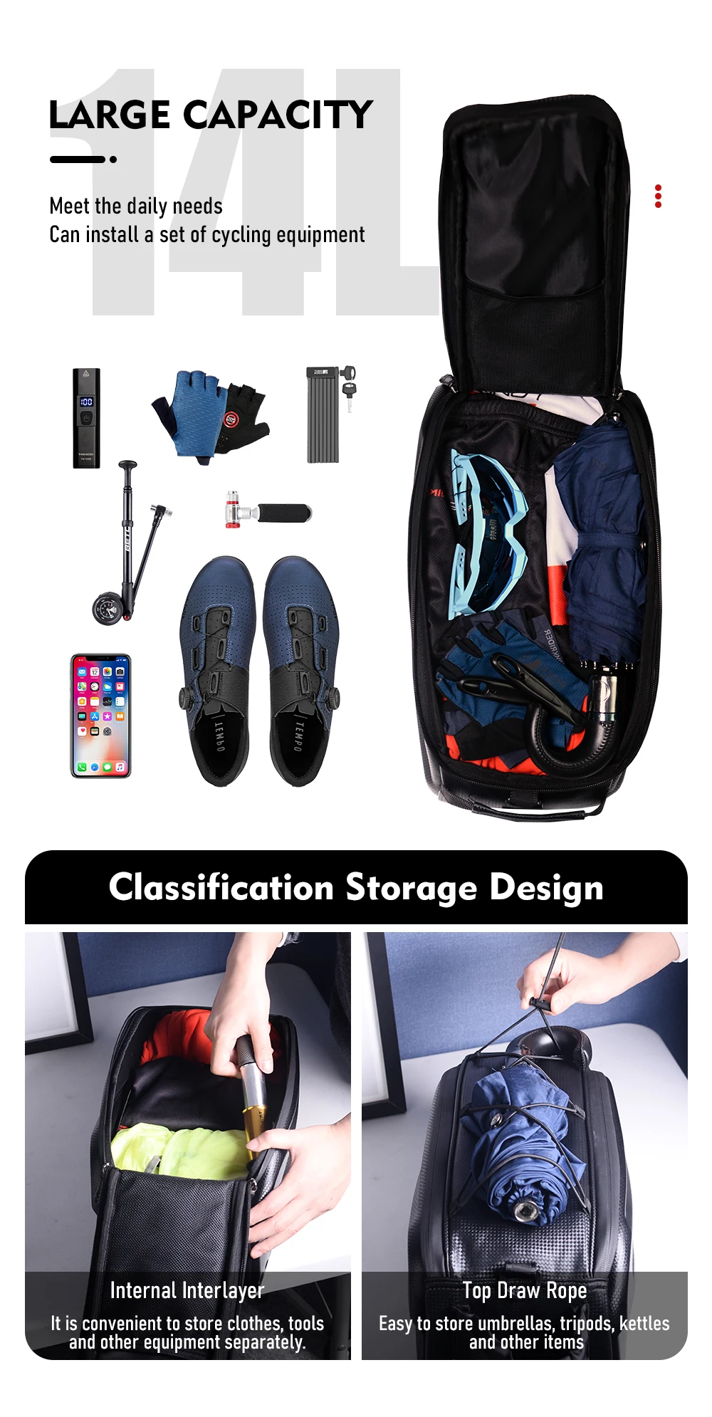 ThinkRider Bicycle Hard Shell Tear Hunch Bag,14L Large Capacity Hunch Bag,Anti-Splash Material,With Rain Cover
