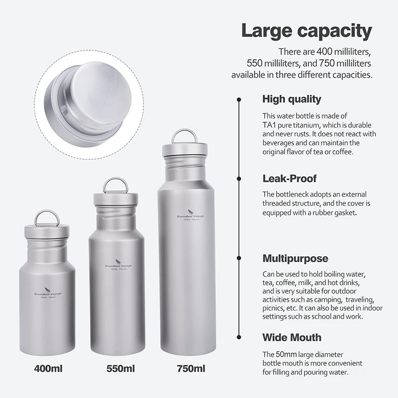 Boundless Voyage Wide Mouth Titanium Bottle with Lid Leak-Proof Camping Sports Water Bottle Single Layer Flask, 400/550/750ML