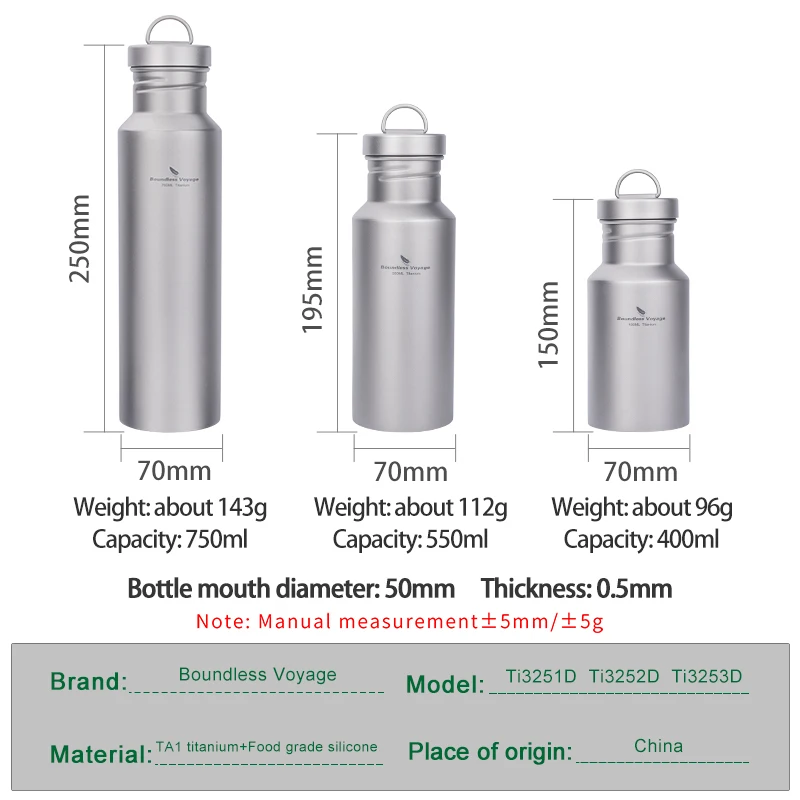 Boundless Voyage Wide Mouth Titanium Bottle with Lid Leak-Proof Camping Sports Water Bottle Single Layer Flask, 400/550/750ML