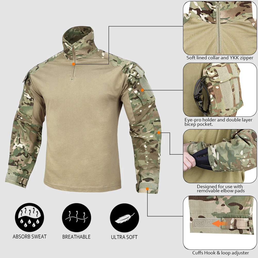KRYDEX Combat G3 Shirt Tactical Hunting Outdoor Clothes Shirt with Elbow Pads Tiger Stripes Camo Ranger Green Gen3 Shirt