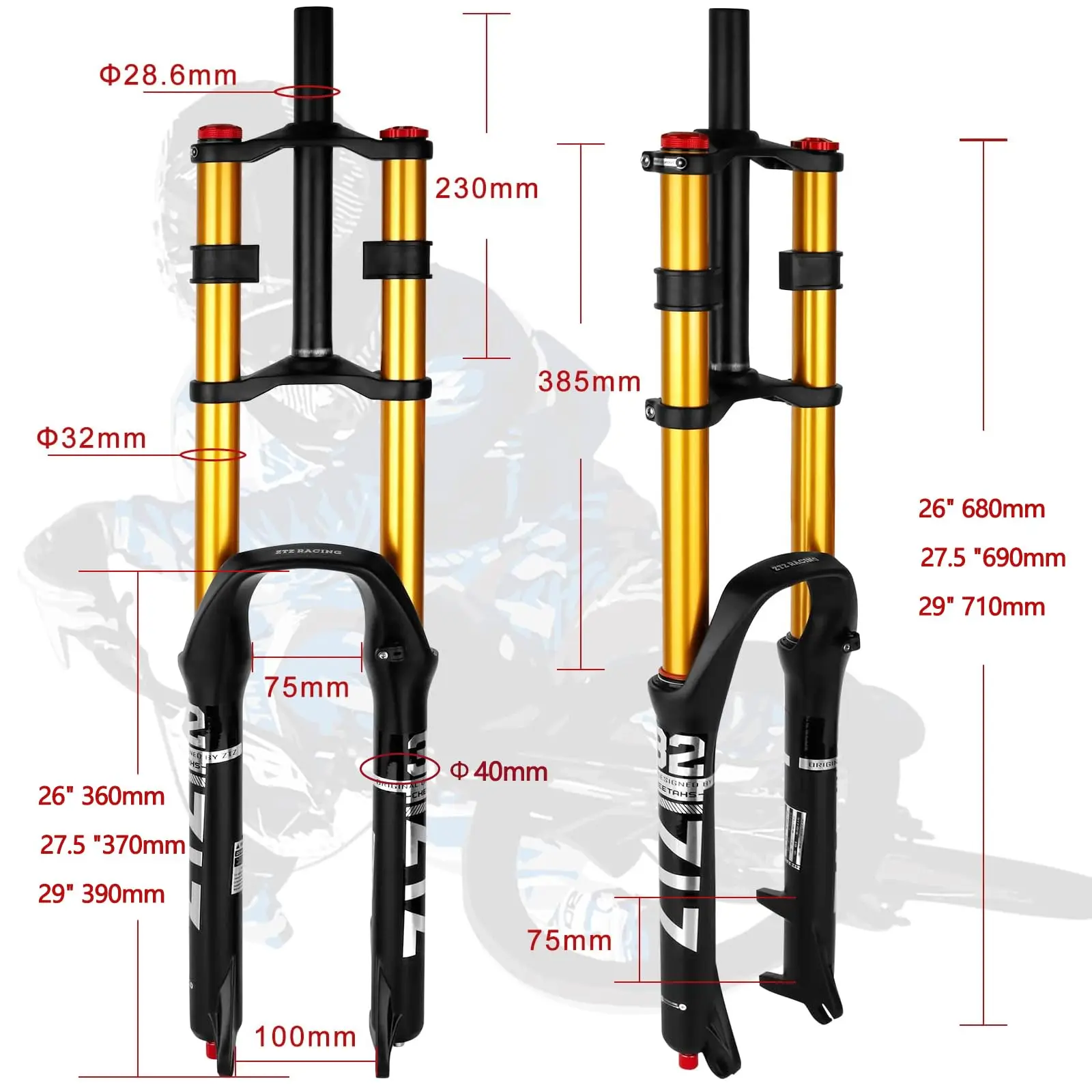 ZTZ Bike Cycling Suspension Fork 26/27.5/2 Inch for Sport Mountain DH Air Double Shoulder Downhill Replacement Bicycle Parts