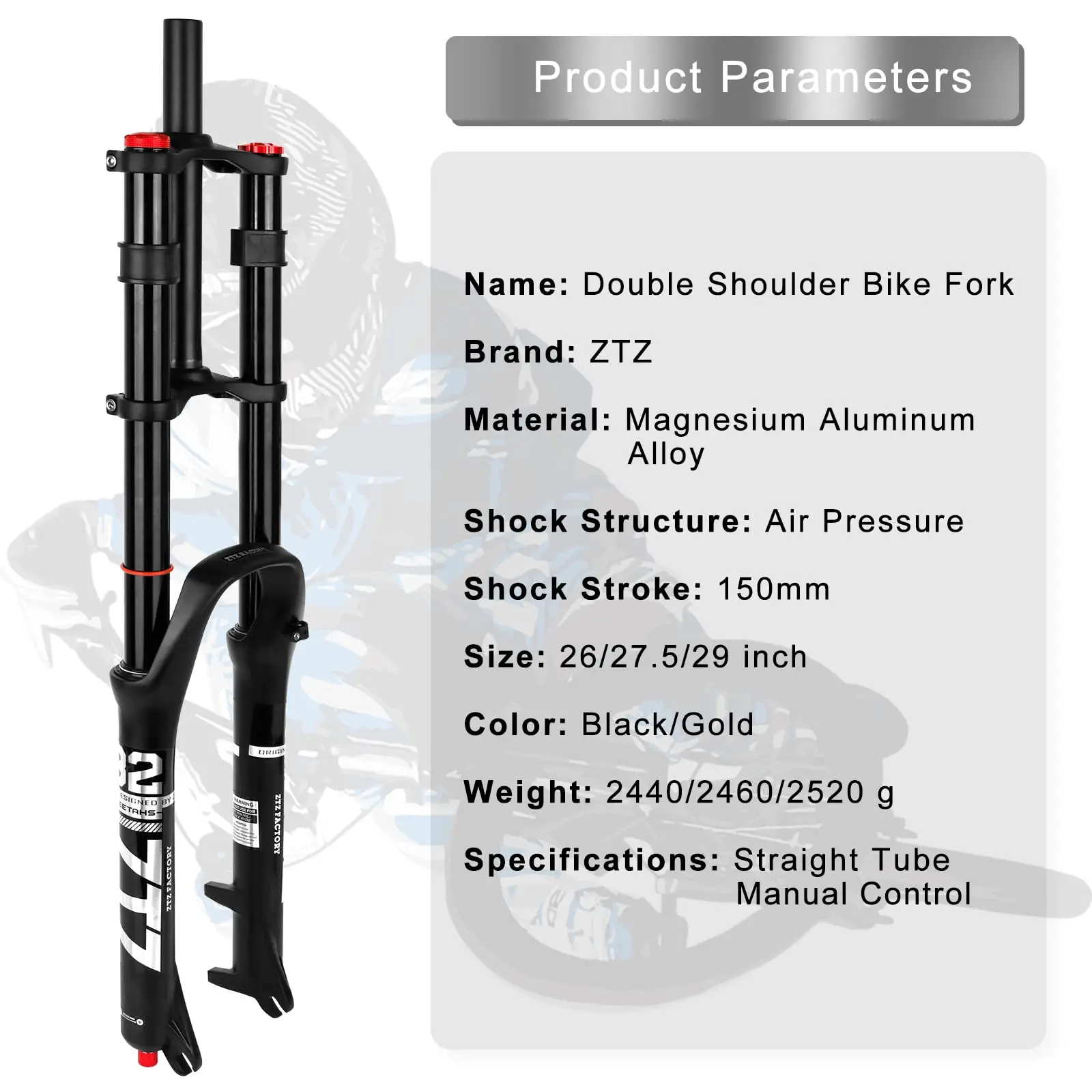 ZTZ Bike Cycling Suspension Fork 26/27.5/2 Inch for Sport Mountain DH Air Double Shoulder Downhill Replacement Bicycle Parts