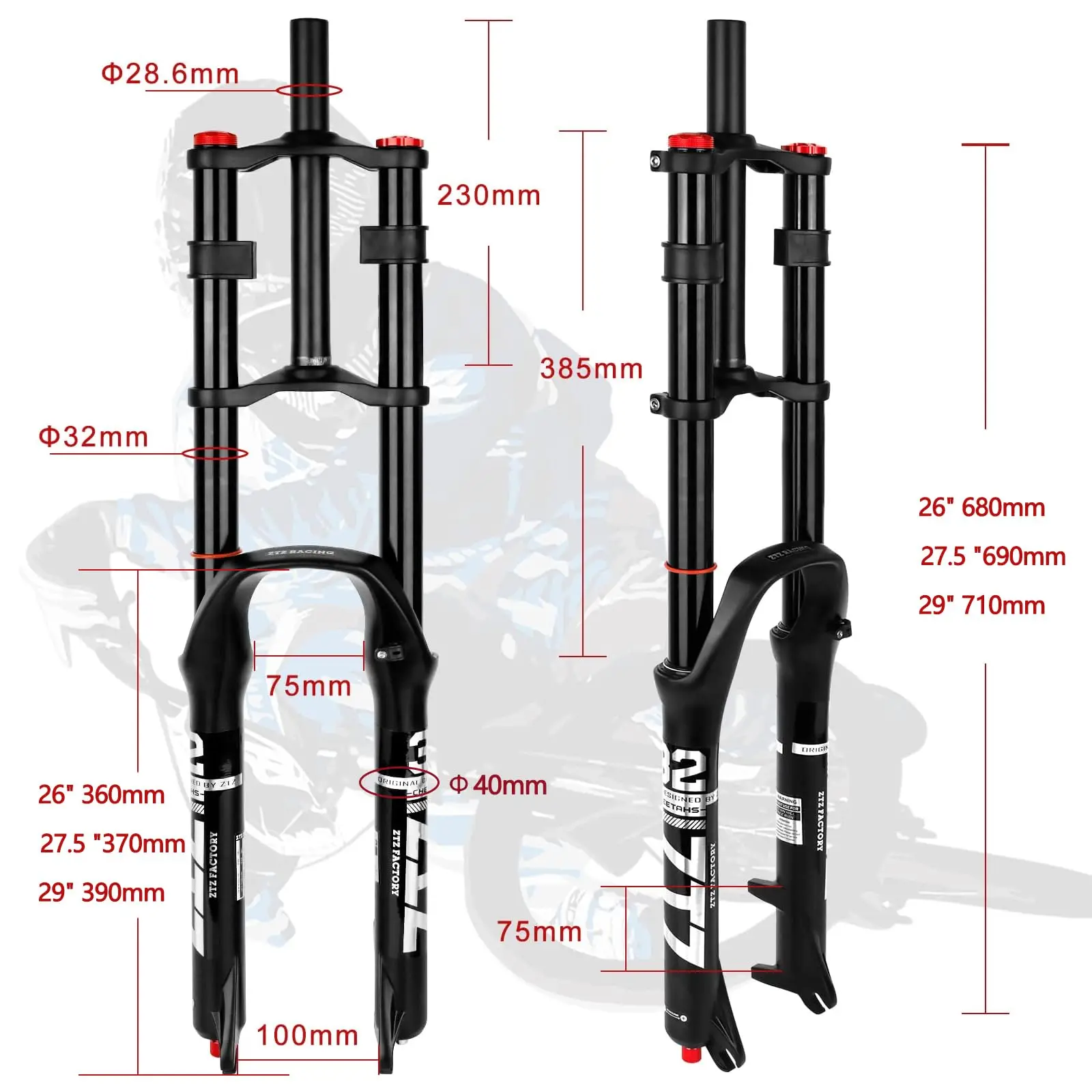 ZTZ Bike Cycling Suspension Fork 26/27.5/2 Inch for Sport Mountain DH Air Double Shoulder Downhill Replacement Bicycle Parts