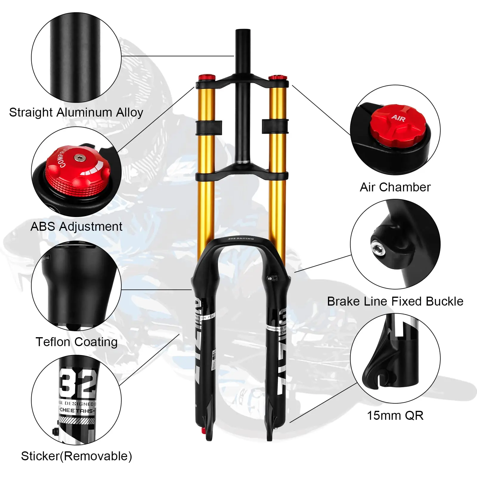 ZTZ Bike Cycling Suspension Fork 26/27.5/2 Inch for Sport Mountain DH Air Double Shoulder Downhill Replacement Bicycle Parts