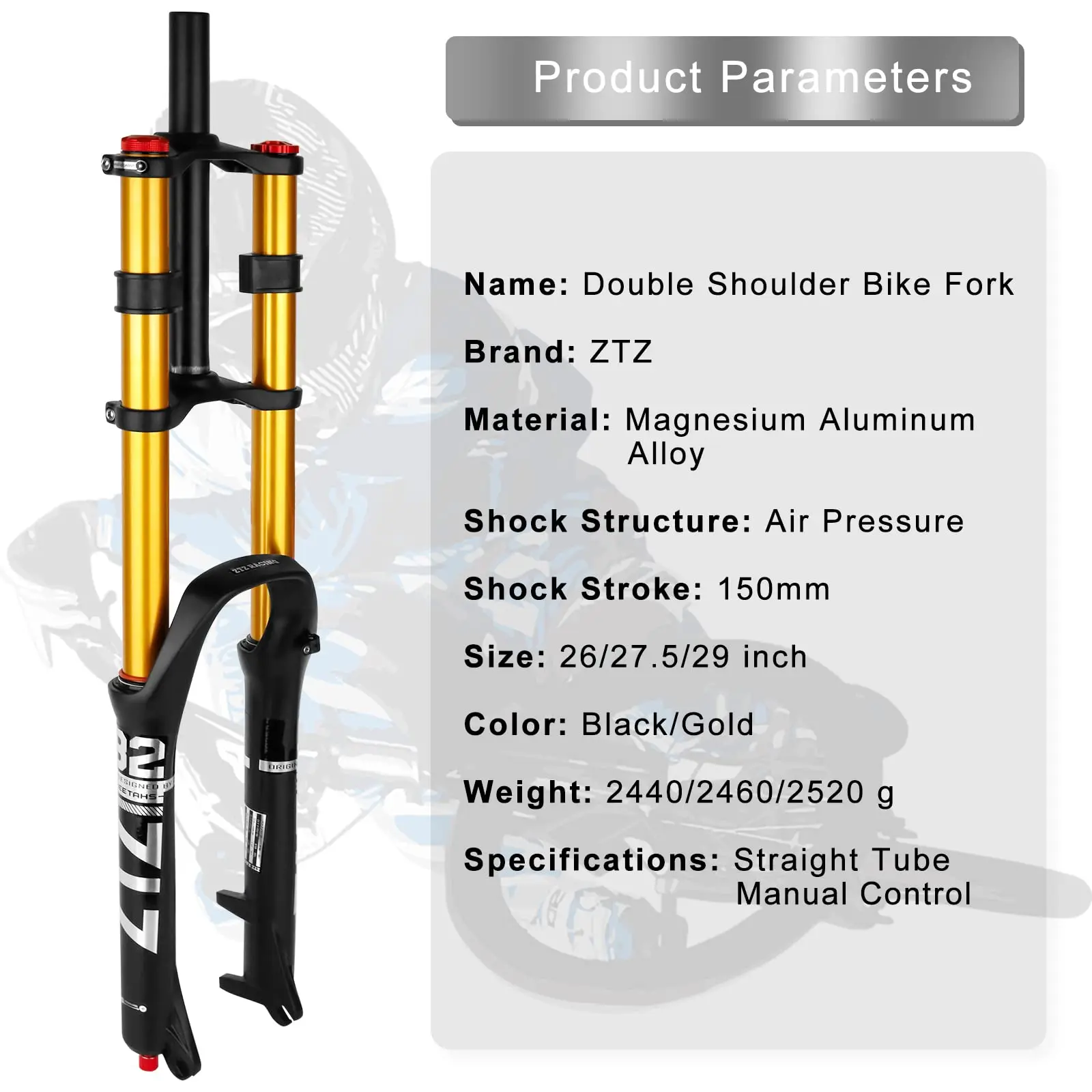 ZTZ Bike Cycling Suspension Fork 26/27.5/2 Inch for Sport Mountain DH Air Double Shoulder Downhill Replacement Bicycle Parts