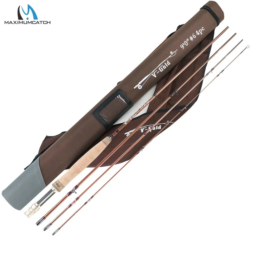 Maximumcatch V-Gold 9FT Fly Fishing Rod 4/5/6/8 WT 4Pcs Fast Action Pacbay Guides Fly Rod with a Triangle Rod Tube