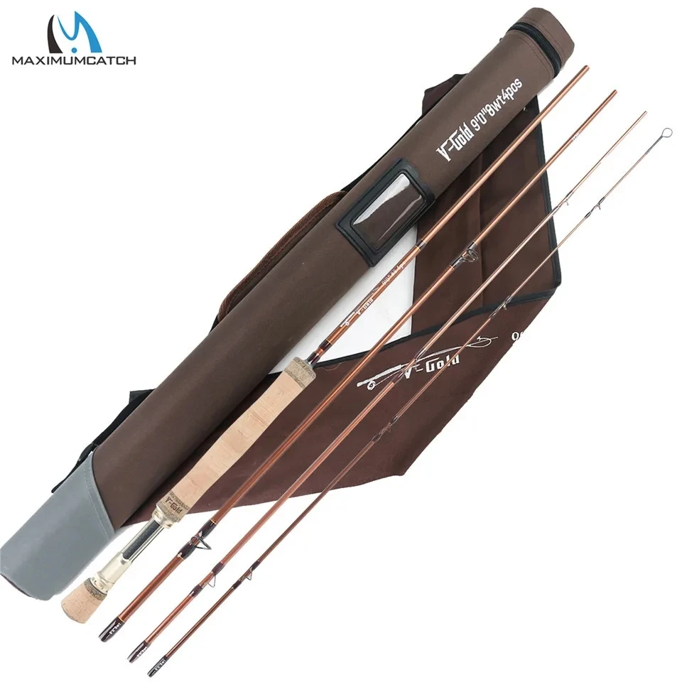 Maximumcatch V-Gold 9FT Fly Fishing Rod 4/5/6/8 WT 4Pcs Fast Action Pacbay Guides Fly Rod with a Triangle Rod Tube