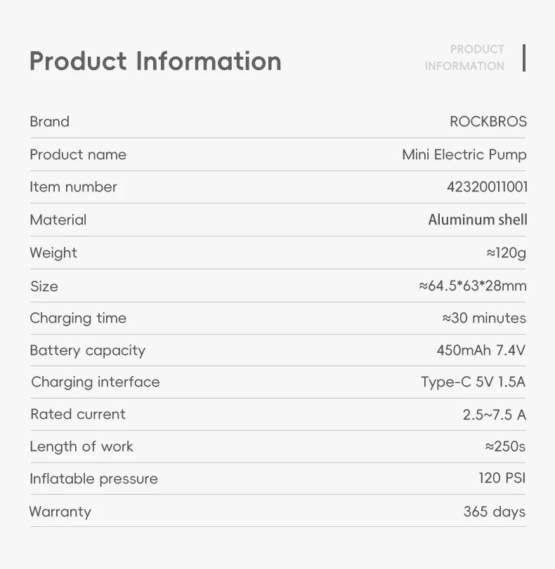 ROCKBROS Bike Pump Portable Mini Electric Air Pump Handheld 120PSI Rechargeable Tire Inflator Car Bike Motorcycle Bicycle Pump