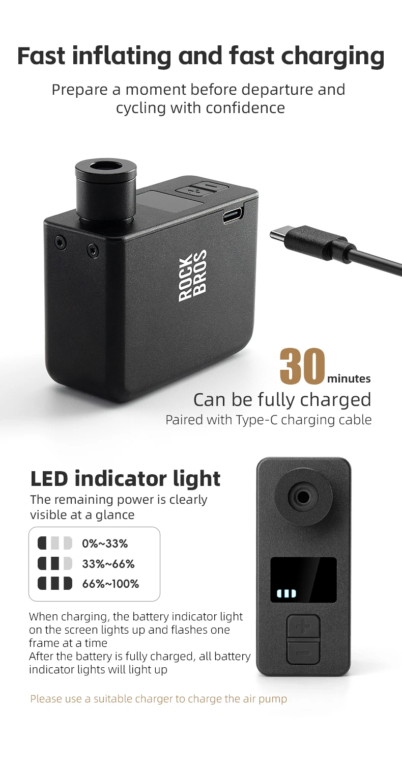 ROCKBROS Bike Pump Portable Mini Electric Air Pump Handheld 120PSI Rechargeable Tire Inflator Car Bike Motorcycle Bicycle Pump