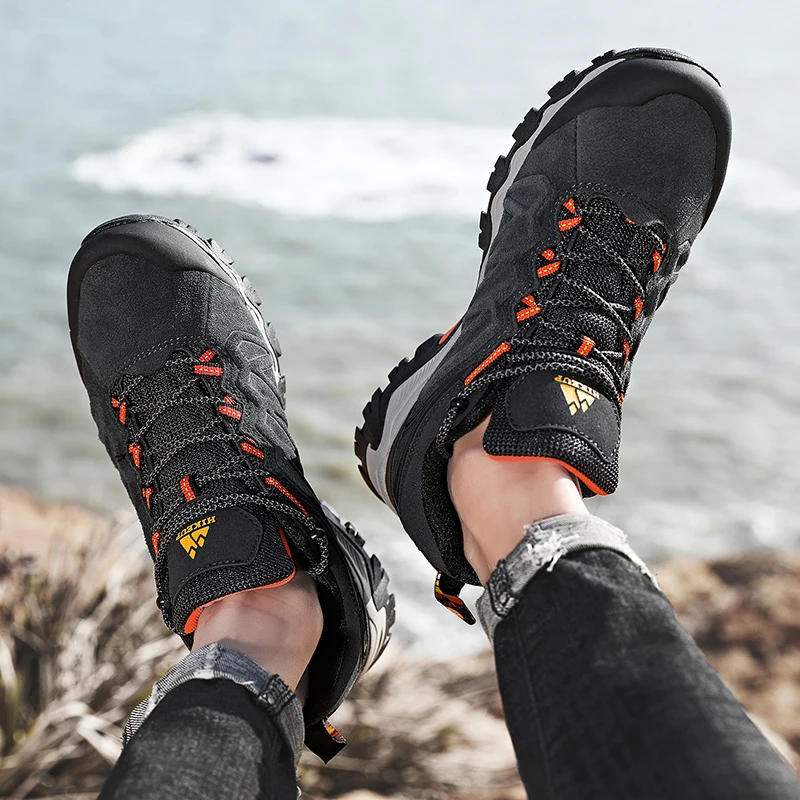 HIKEUP High Quality Leather Hiking Shoes Durable Outdoor Sport Men Trekking Leather Shoes Lace-Up Climbing Hunting Sneakers
