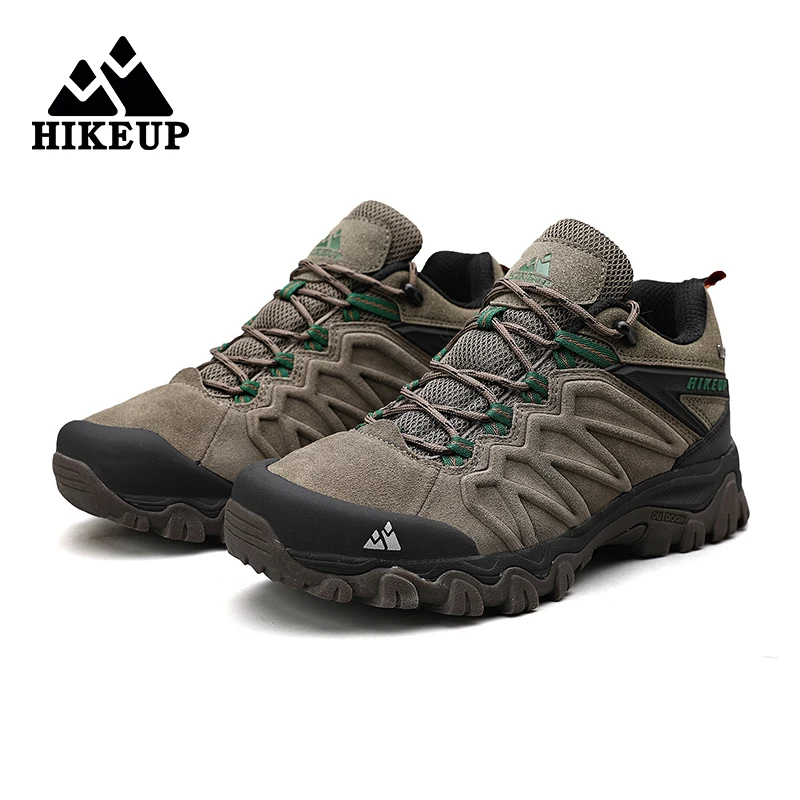 HIKEUP High Quality Leather Hiking Shoes Durable Outdoor Sport Men Trekking Leather Shoes Lace-Up Climbing Hunting Sneakers