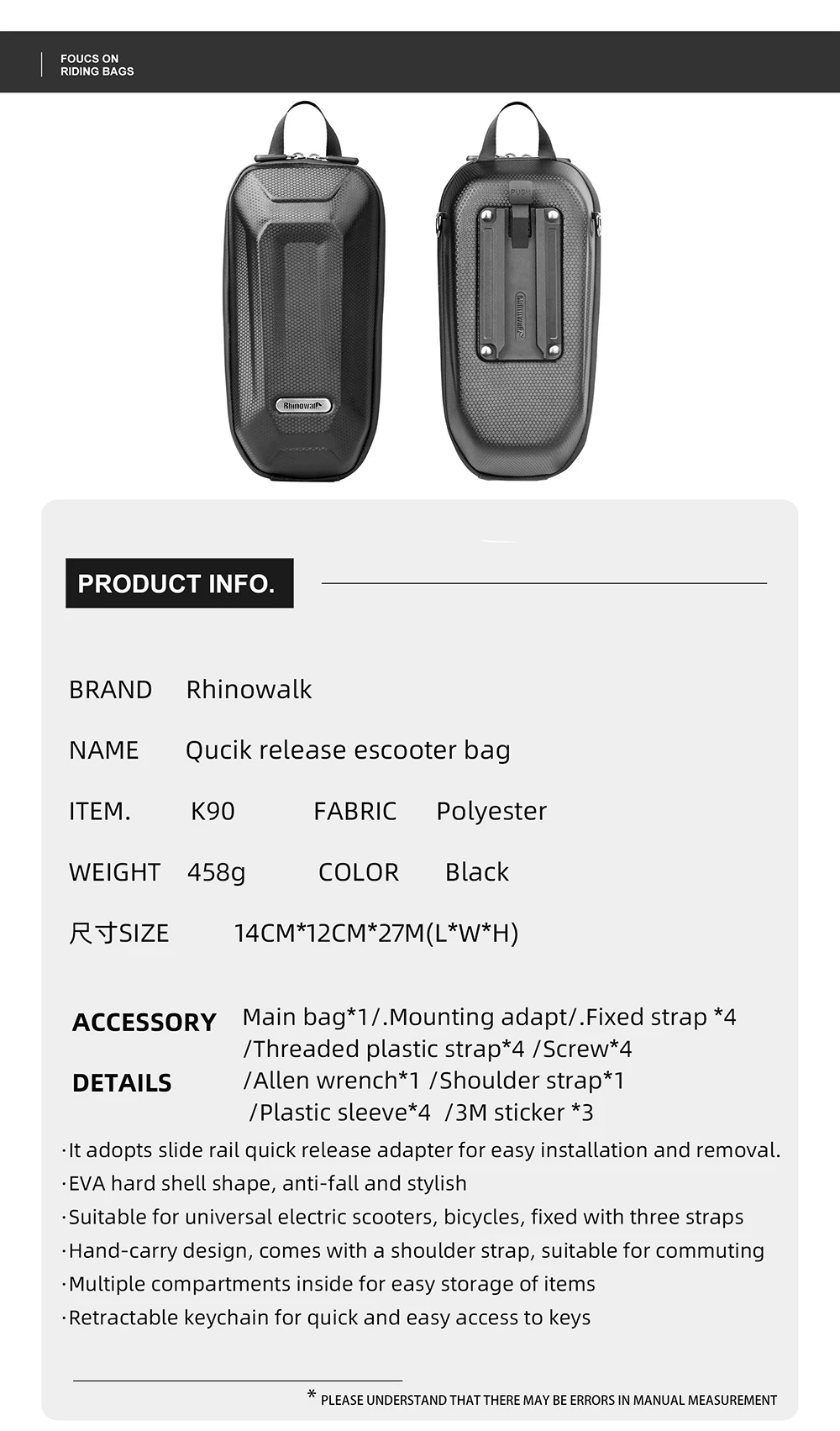 Rhinowalk Electric Scooter Front Bag Handlebar Water-Resistant Quick Release 4L EVA Big Capacity Universal For Xiaomi Scooter